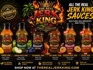Bottles of The Real Jerk King Caribbean jerk sauces in various flavors.
