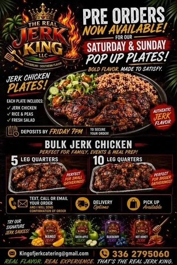 Jerk King offers pre-order jerk chicken plates and bulk leg quarters for events and meal prep.