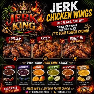 Advertisement for The Real Jerk King chicken wings with various flavors and sauces.