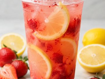 Refreshing strawberry lemonade with lemon slices in a clear cup.