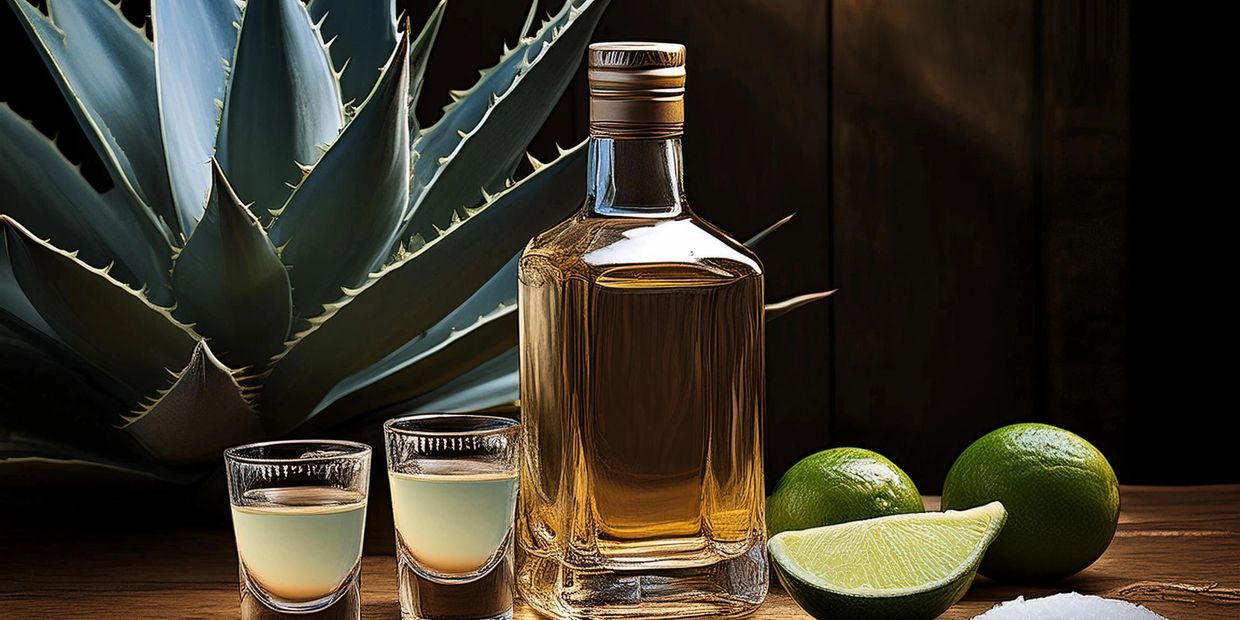 tequila bottle with 2 shot glasses, lime and salt