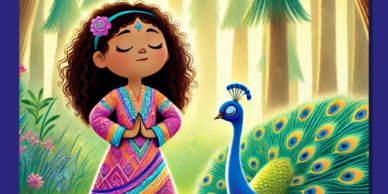 A girl in colorful attire meditates beside a peacock in a serene forest.