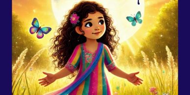 A joyful girl in colorful traditional attire with butterflies and a glowing moon behind her.