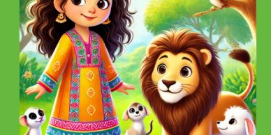 A girl in traditional dress with cute animals including a lion and meerkats in a bright forest.