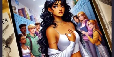 Teen girl with long dark hair stands confidently in a school hallway with lockers and peers around.