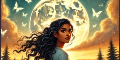 A girl with flowing hair under a glowing full moon and butterflies at sunset.
