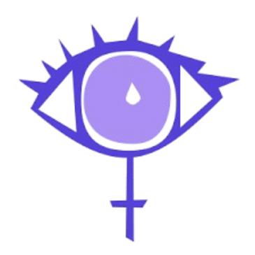 Abstract purple eye with eyelashes and female gender symbol.