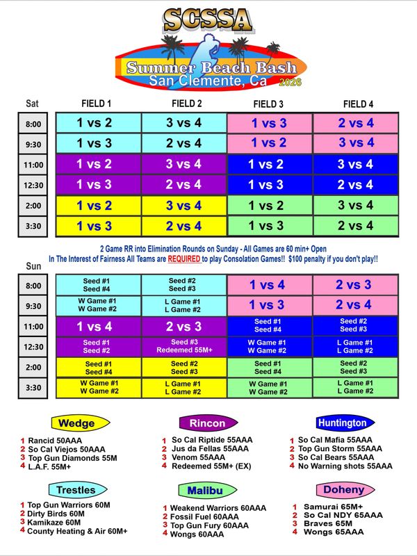 Schedule for SCS Summer Beach Bash 2026 volleyball tournament in San Clemente.