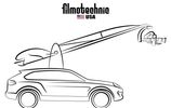 Car with roof rack holding surfboards and a basketball hoop.
