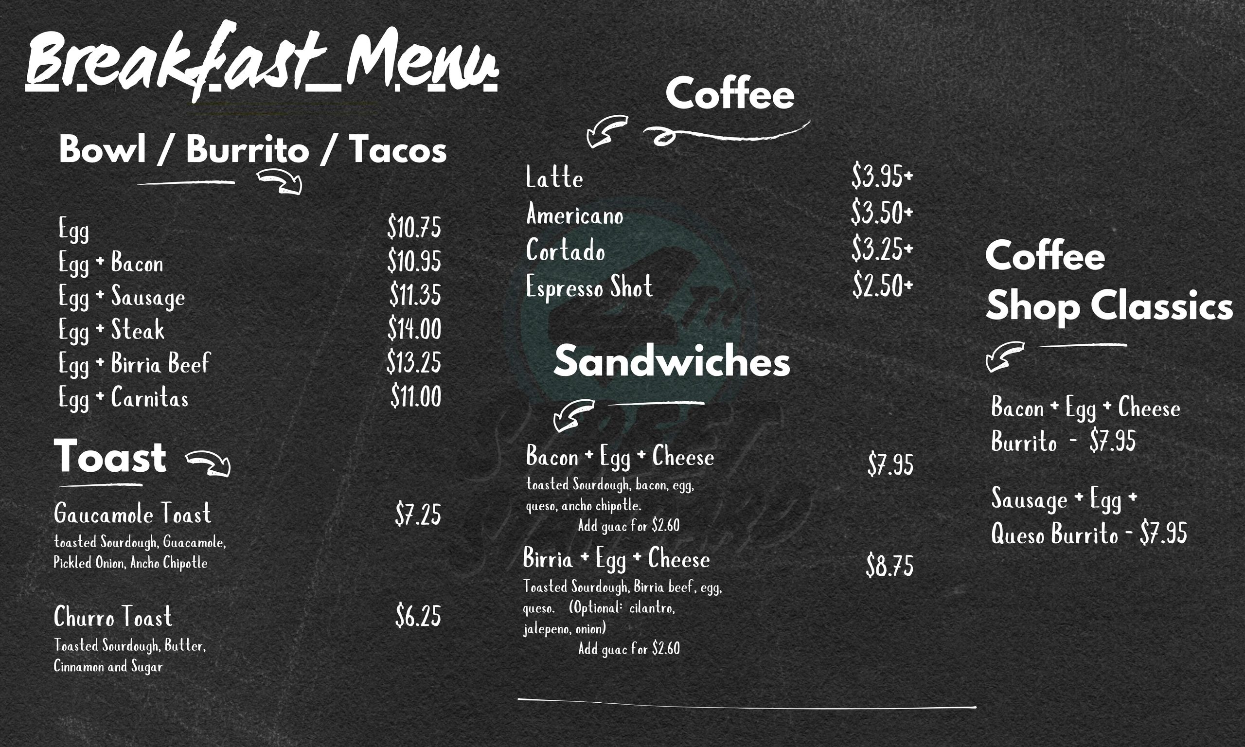 Breakfast menu with bowls, burritos, tacos, toast, coffee, and sandwiches.
