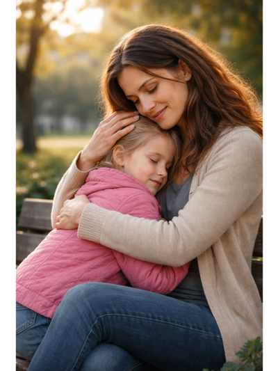 Mother and daughter share a loving embrace on a park bench.