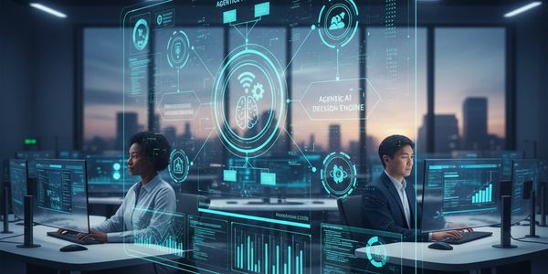 Two professionals working with advanced AI-driven data interfaces in a futuristic office.