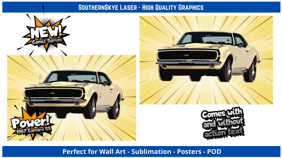 1967 Chevy Camaro Cartoon, Comic Book Color Drawing Sublimation, Wall Art,  Poster file