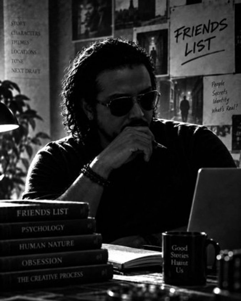 Man working thoughtfully in a dimly lit room with books and laptop.