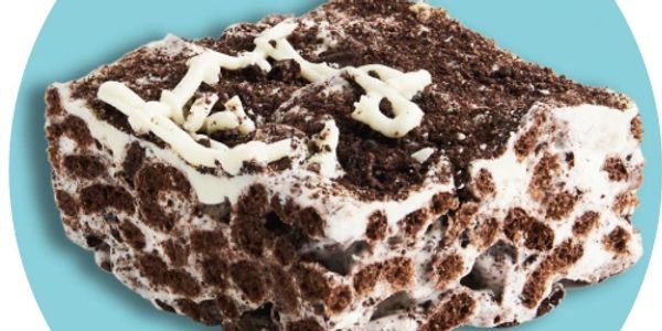 Oreo cereal treat with Oreo crumbs and white chocolate