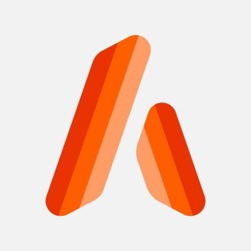Stylized orange logo with two geometric shapes on a light background.
