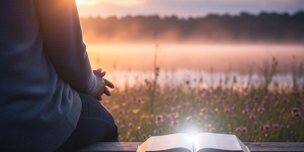 Person sitting by a glowing book in a misty field at sunrise.