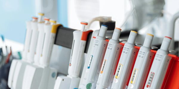 A row of adjustable laboratory pipettes lined up on a rack.