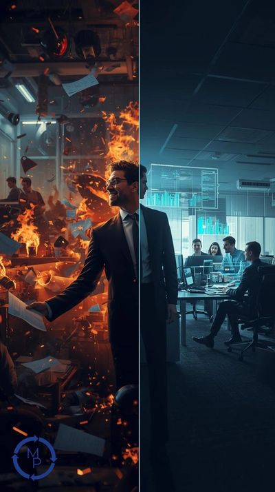 Chaos management on the left. Efficiency in project delivery on the right.