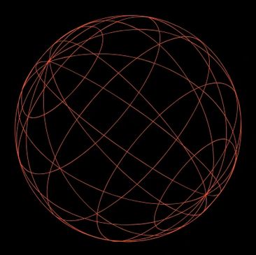 Abstract red wireframe sphere on black background.