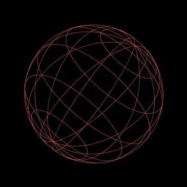 Abstract red wireframe sphere on black background.