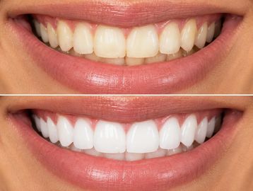 Comparison of teeth before and after whitening treatment.
