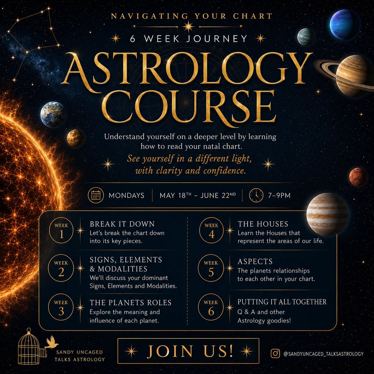 Astrology course offering a 6-week journey to understand natal charts and planetary influences.