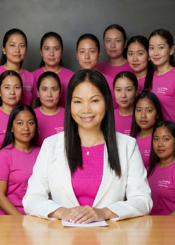 A woman in white jacket sits at a table, surrounded by a group in matching pink shirts.
