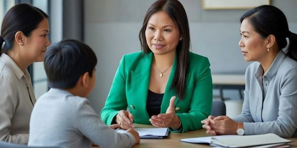 Care coordinator meeting with a family and child to discuss an in-home care plan