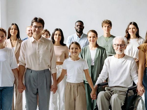 Diverse group of adults and children standing together, including an older adult in a wheelchair