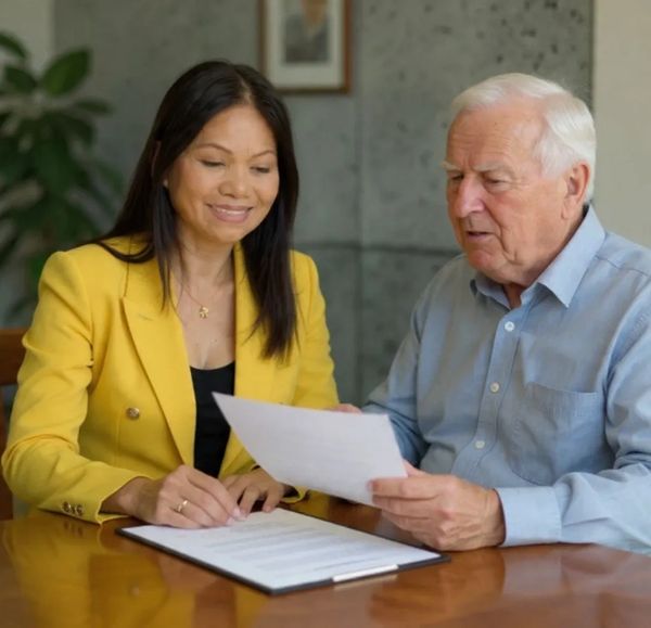 Care coordinator reviewing a care plan document with an older adult at a table