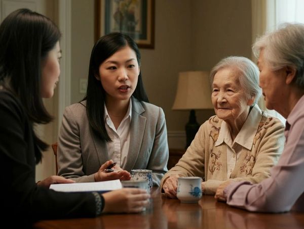 Care coordinator meeting with an older adult and family members at home to discuss care needs