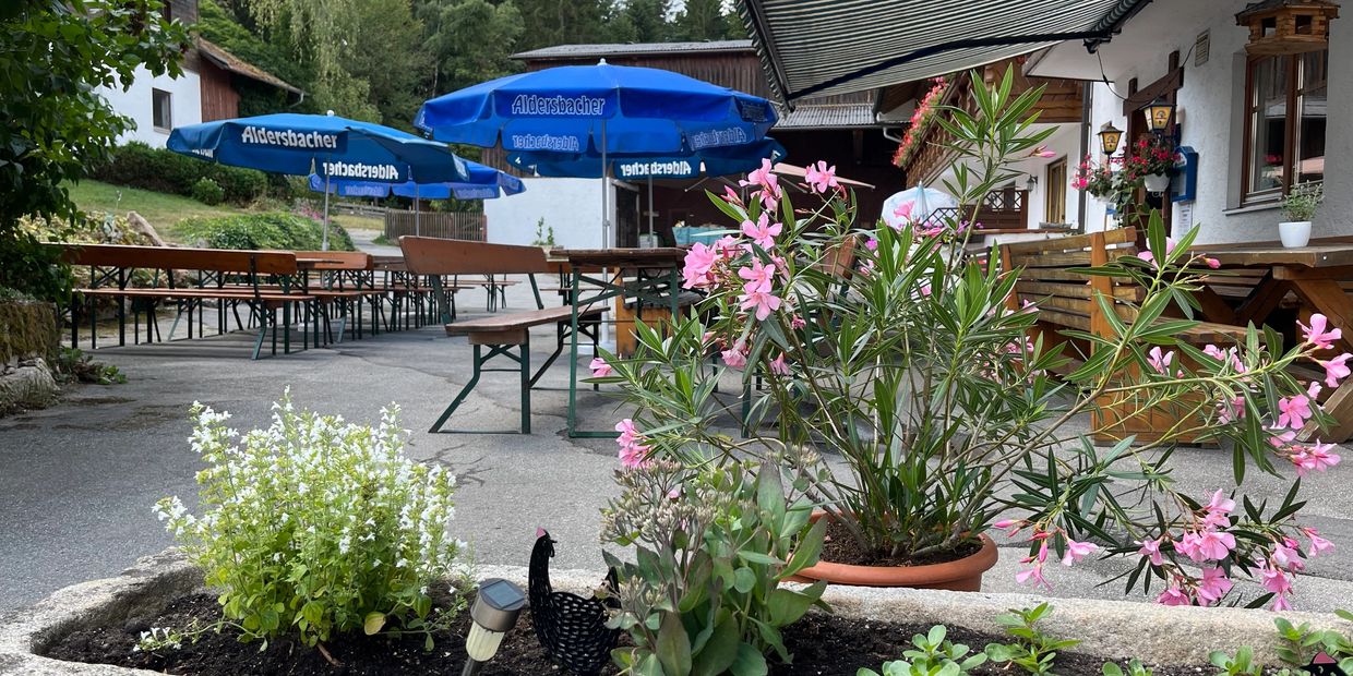Outdoor seating area with blue umbrellas and flower pots in a quaint setting.