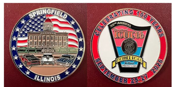 Two commemorative coins celebrating Springfield, Illinois, and Route 66's 100 years.