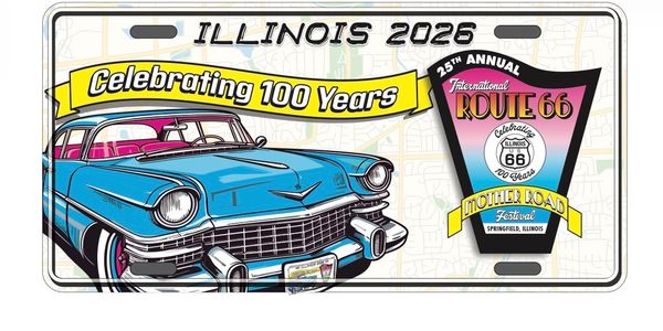 Illinois 2026 license plate celebrating 100 years of Route 66 with a classic blue car and festival emblem.
