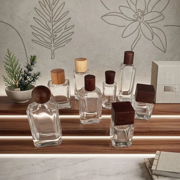 Elegant glass bottles with wooden caps on a wooden shelf against a floral backdrop.