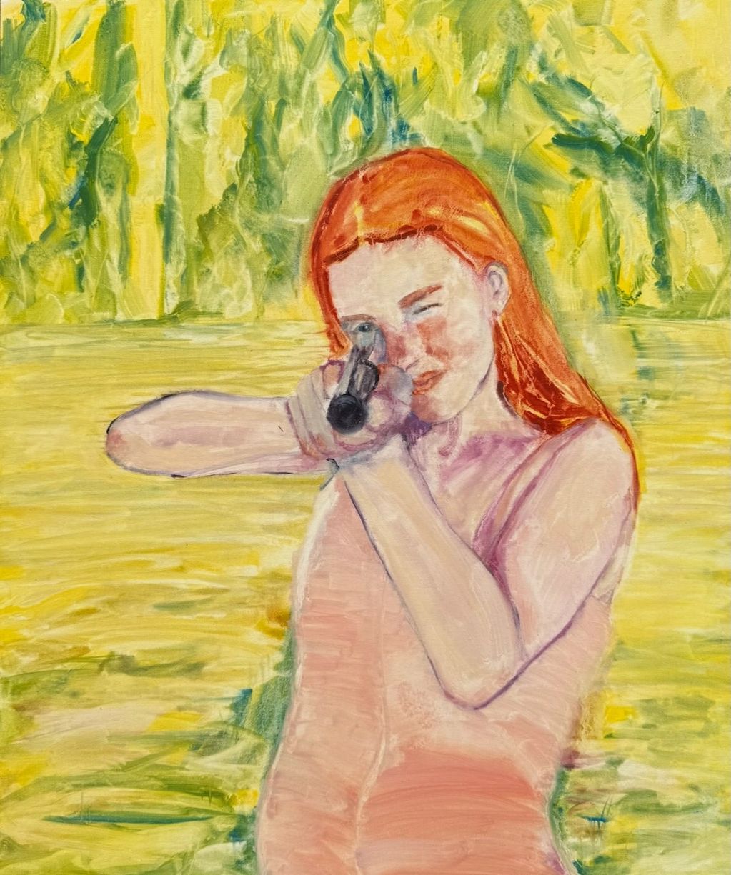 Painting of a red-haired woman aiming a gun with a blurred green and yellow background.