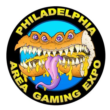Philadelphia Area Gaming Expo logo with a monstrous sandwich and purple tongue.