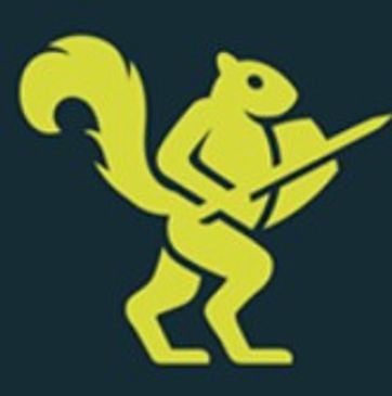 Yellow squirrel holding a spear and shield on dark background.