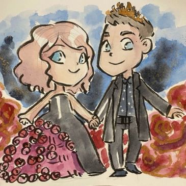 Cartoon couple holding hands, dressed up with a crown and floral dress.