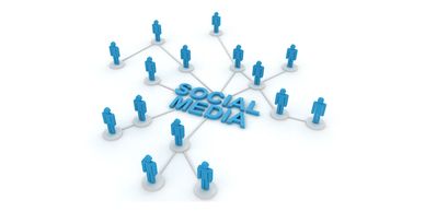3D social media network concept with connected blue human icons.