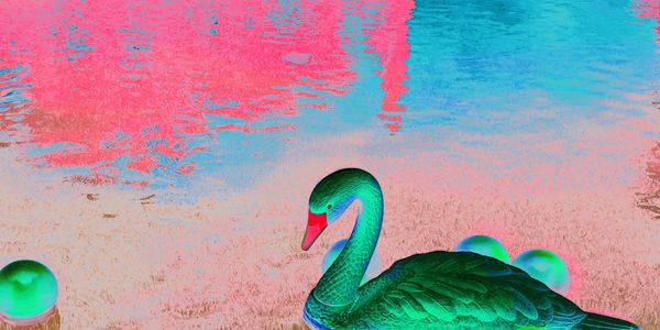 Vibrant abstract artwork of a green swan on water with pink and blue reflections.