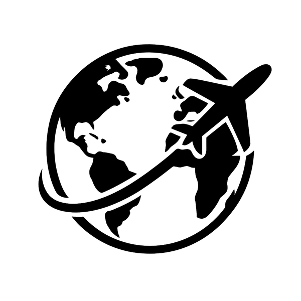 Icon of an airplane flying around the Earth symbolizing global travel.