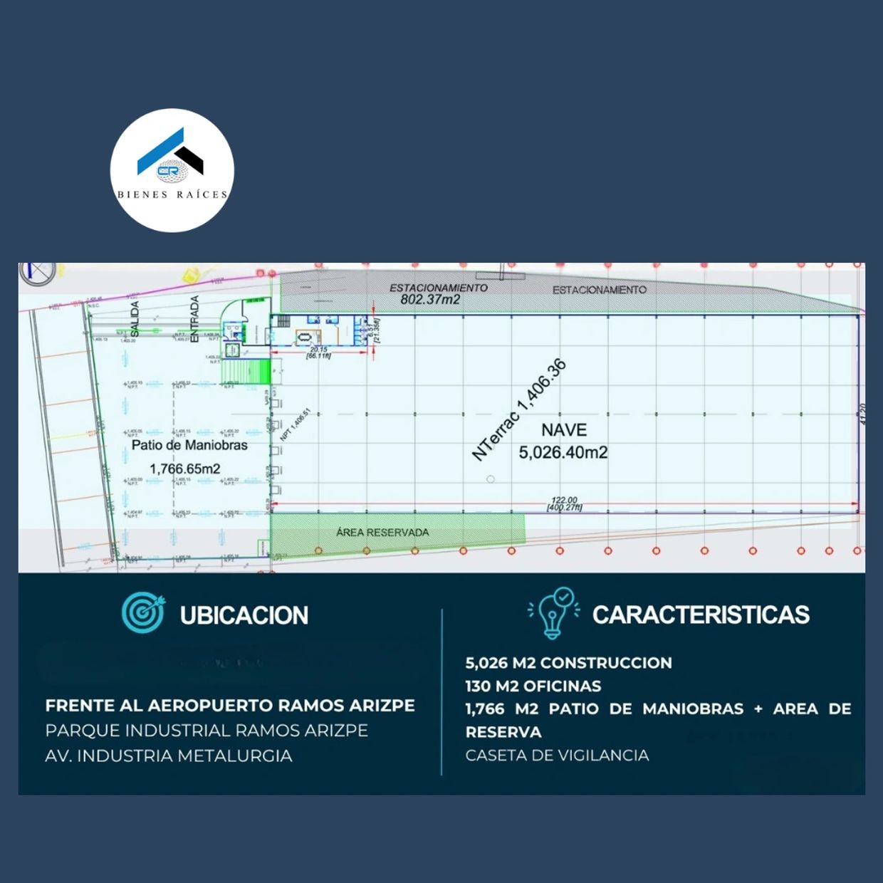 "Plano de distribución de bodega industrial en renta en Ramos Arizpe con áreas operativas"
