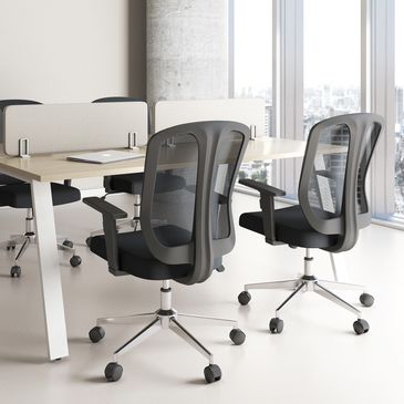 Modern office with ergonomic mesh chairs and partitioned desks near large windows.