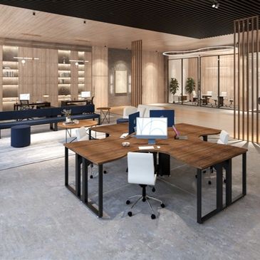Modern office space with wooden desks and white chairs in an open layout.
