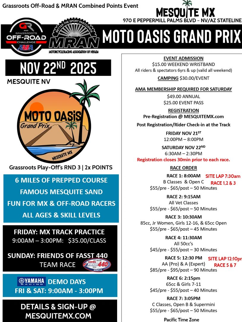 Flyer for 2025 Moto Oasis Grand Prix motocross event in Mesquite, NV.