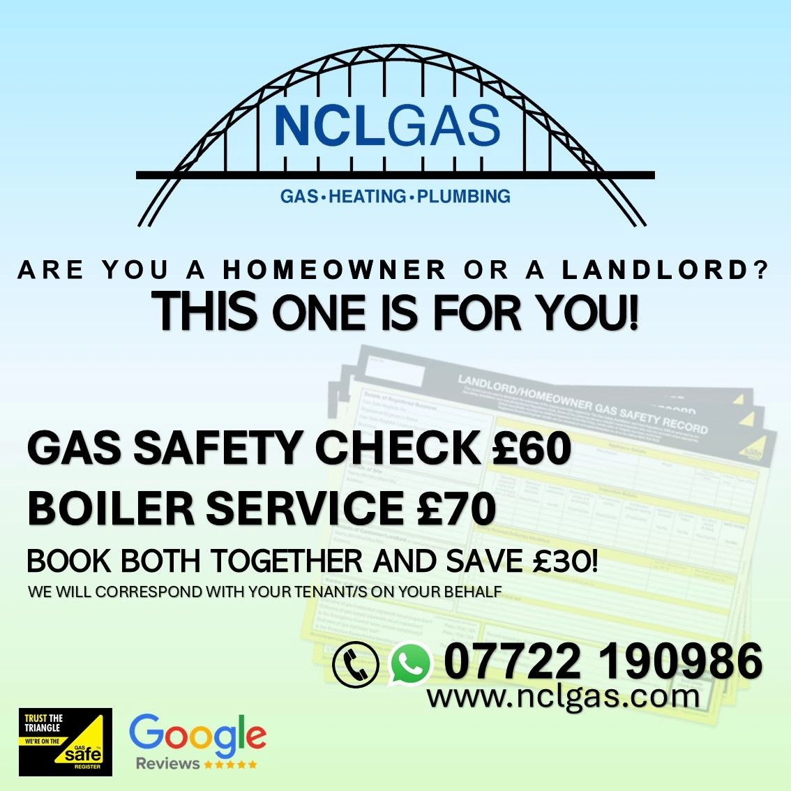 Gas Safety check certificate. 
CP12 certificate.
Gas Check.
Boiler Service.
Annual boiler service