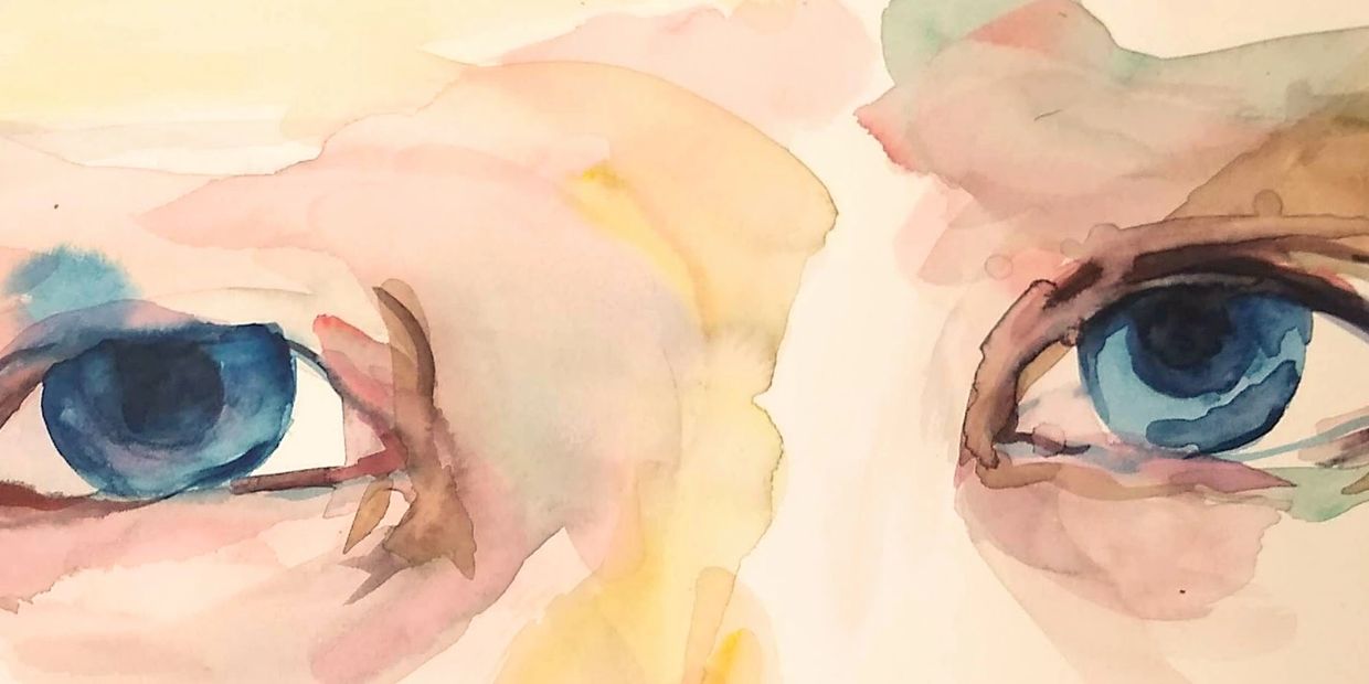 Watercolor painting of intense blue eyes with soft pastel shading.