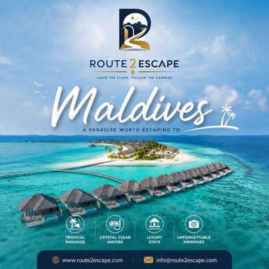 Maldives travel advertisement promoting Route 2 Escape.